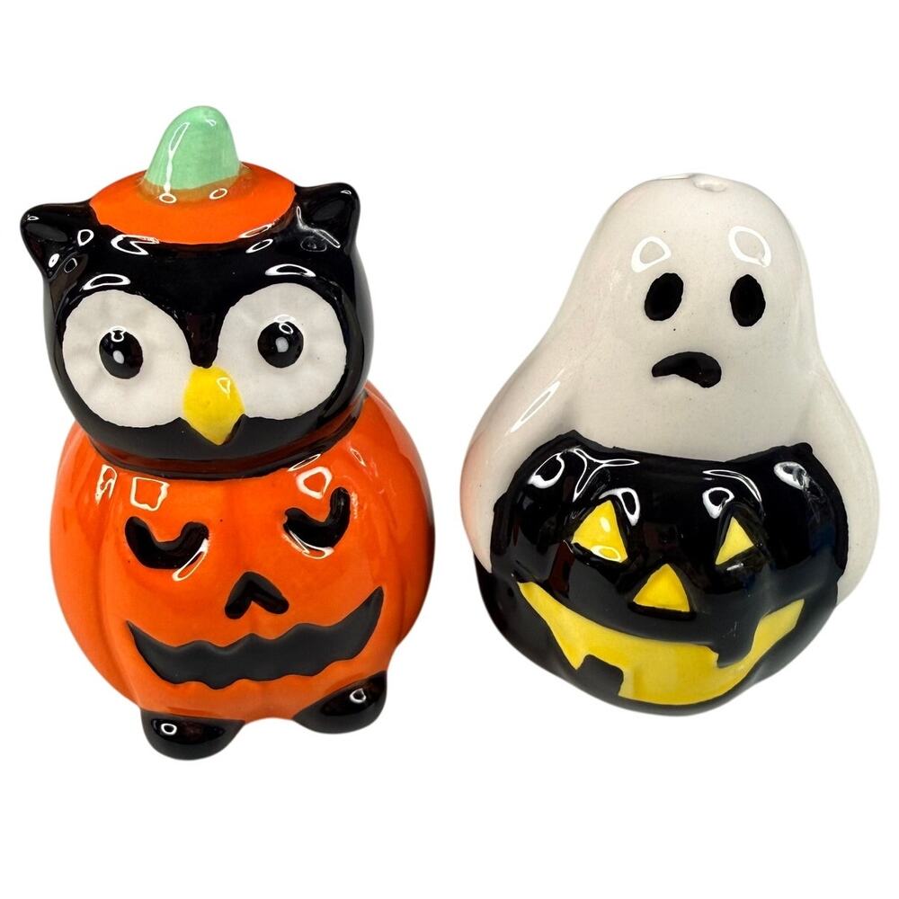 Halloween Salt Pepper Shakers Cute Owl Ghost Jack O Lantern Pumpkin Ceramic Set